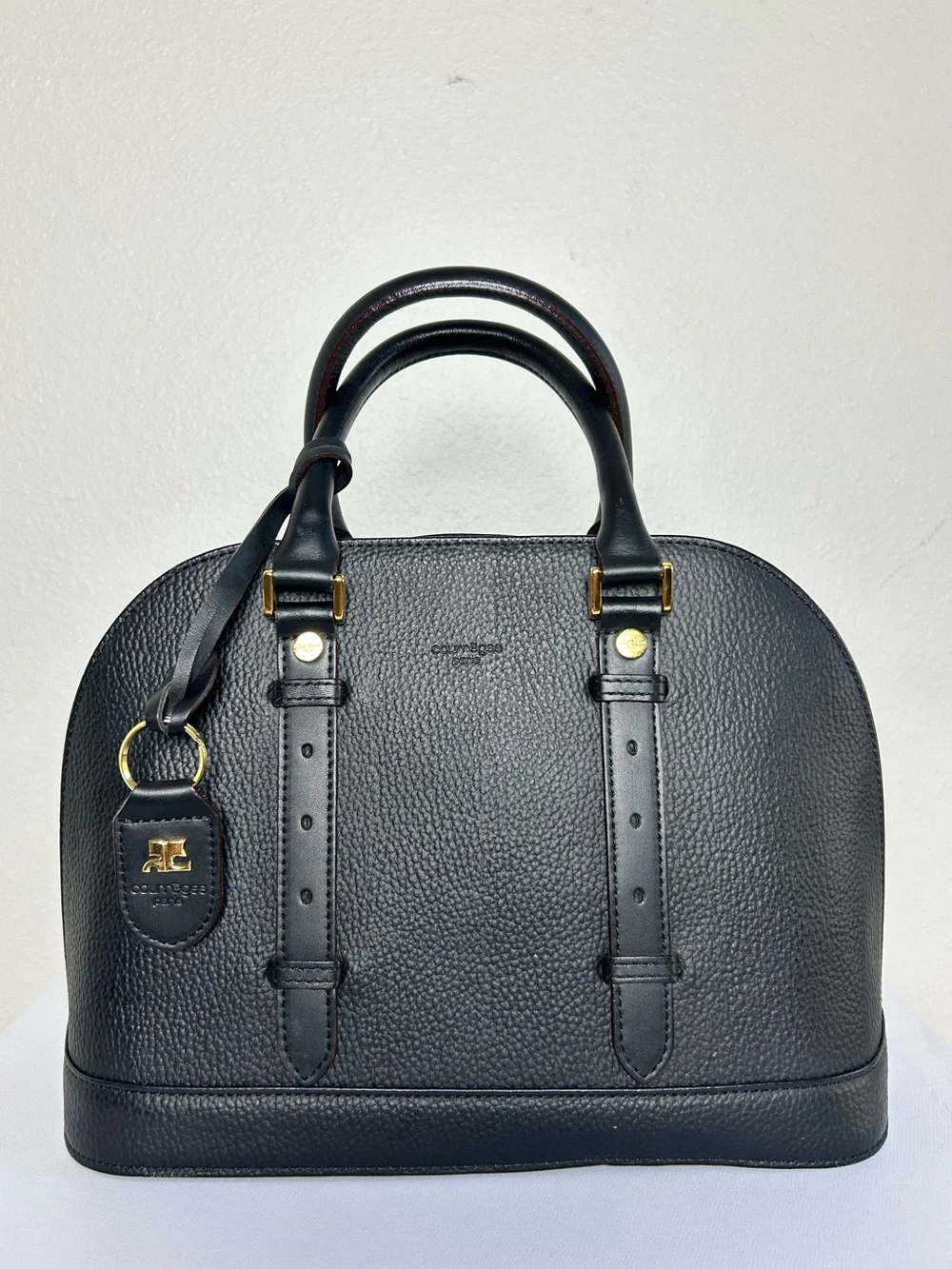 Courrèges Black Leather Dome Satchel Top Handle Bag w/ Strap